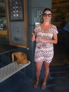 Missoni print inspired dress with tan accessories.